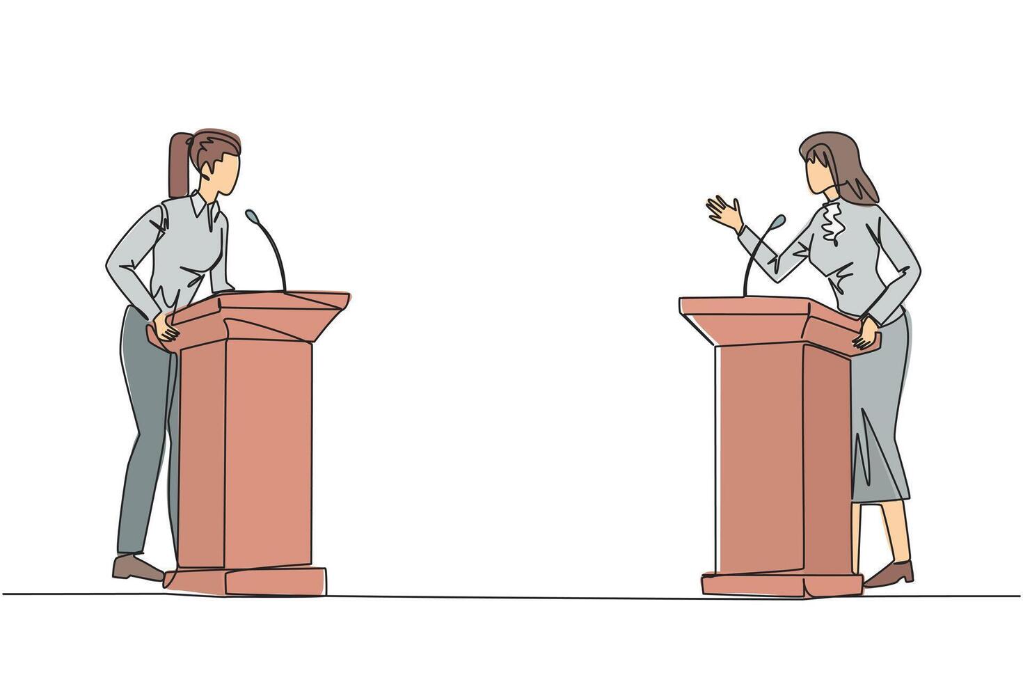 Single continuous line drawing two businesswomen arguing on the podium. Throwing opinions on the best way to deal with global warming. Open dialogue. Debating. One line design illustration vector