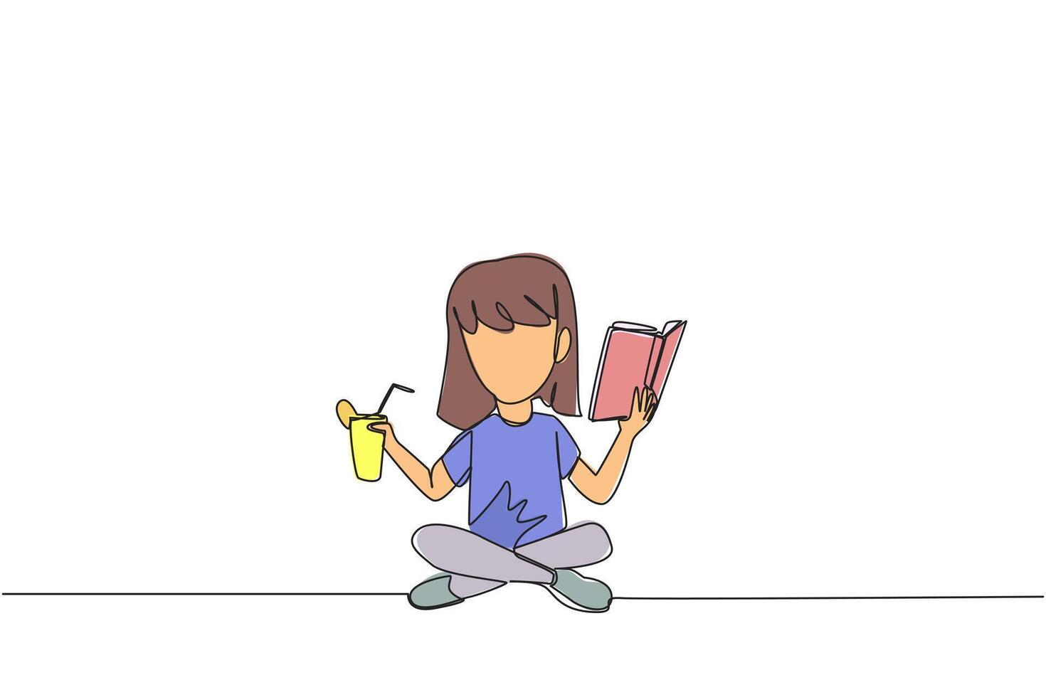 Single continuous line drawing girl sitting cross-legged reading book. Accompanied by glass of orange juice to make reading more interesting. Knowledge. Freshness. One line design illustration vector