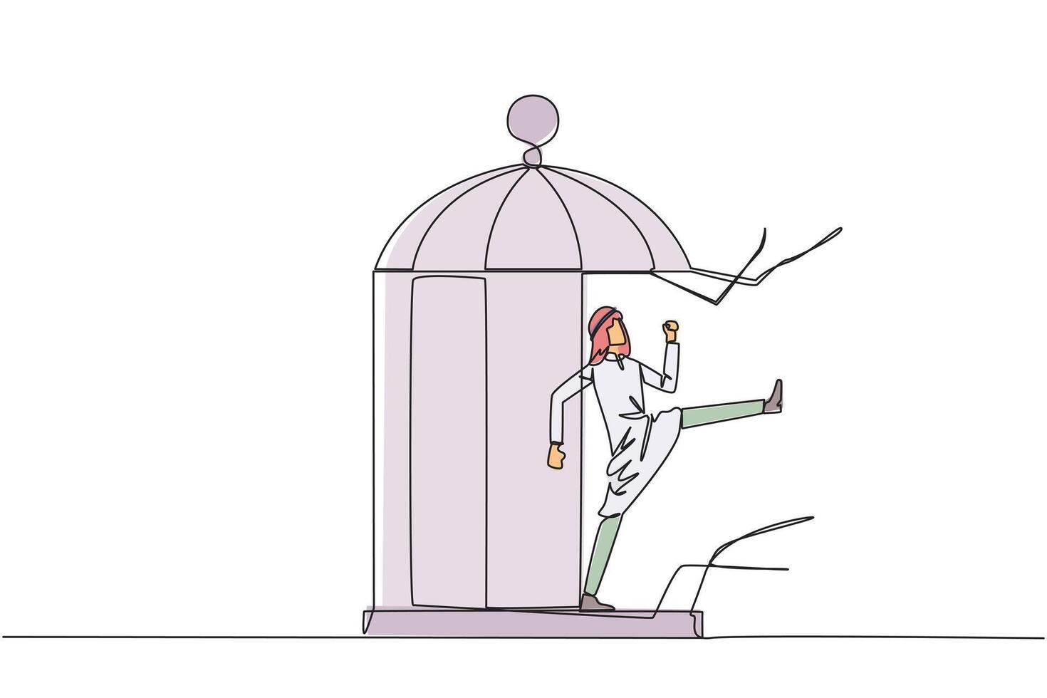 Single continuous line drawing Arab businessman trapped in cage kick the cage until wrecked. Freedom of expression for the smooth running of business. Distractions. One line design illustration vector