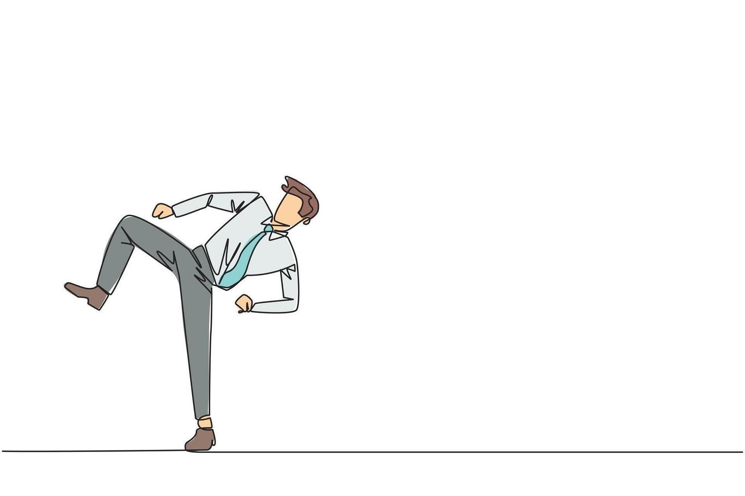 Single one line drawing businessman doing taekwondo movements. Make kicking motion. Have strong legs. Keeping business with sport. Keep healthy stay strong. Continuous line design graphic illustration vector