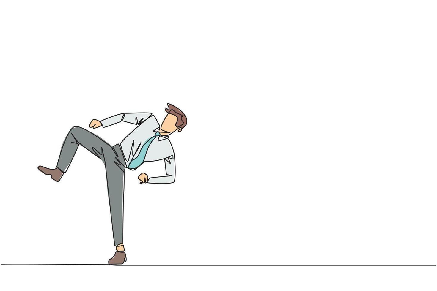 soltero uno línea dibujo empresario haciendo taekwondo movimientos hacer pateando movimiento. tener fuerte piernas. acuerdo negocio con deporte. mantener sano permanecer fuerte. continuo línea diseño gráfico ilustración vector