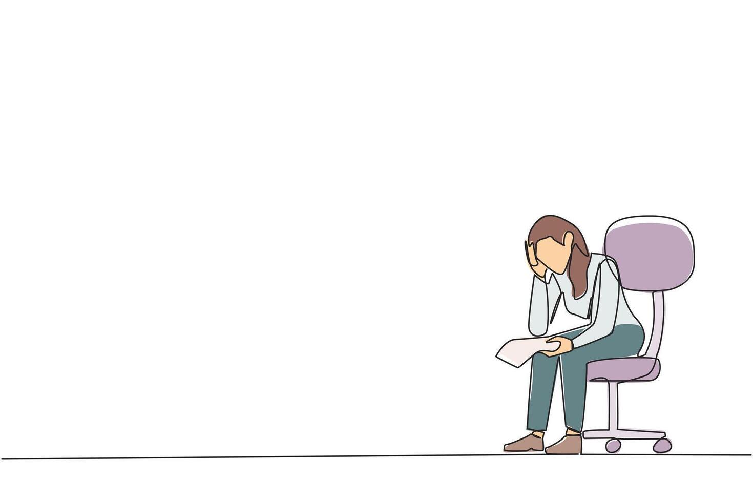 Single continuous line drawing sad businesswoman sit limply in a chair. Pensively holding a piece of bill paper. The large of receivables, business will collapse. One line design illustration vector