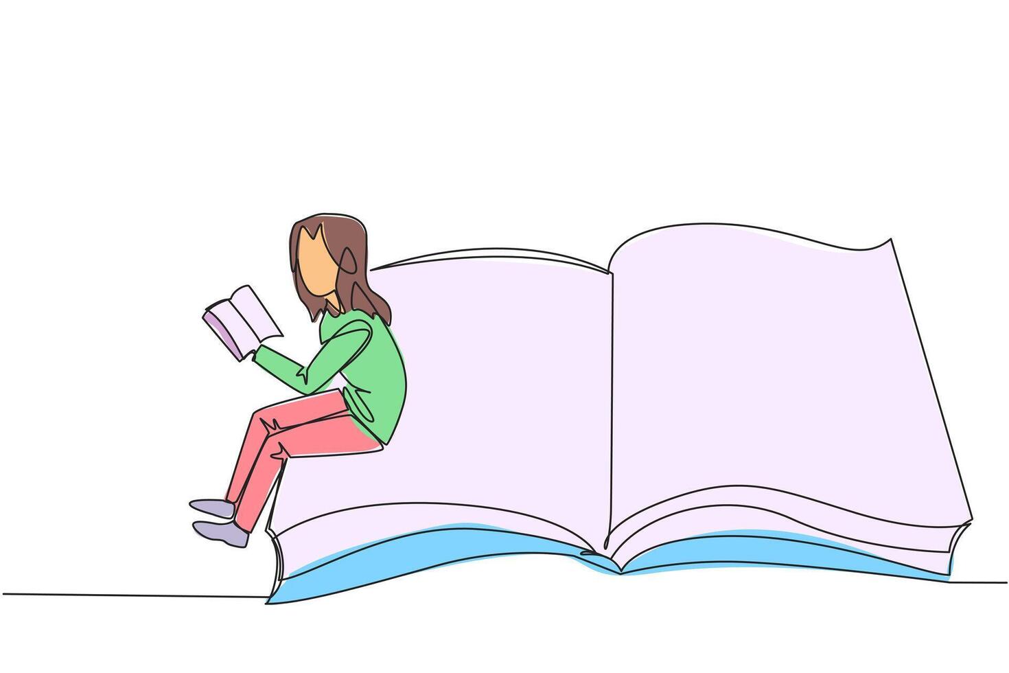 Single continuous line drawing serious woman sitting on the edge of a large open book. Study before exam time arrives. Read textbooks with focus. Reading is fun. One line design illustration vector