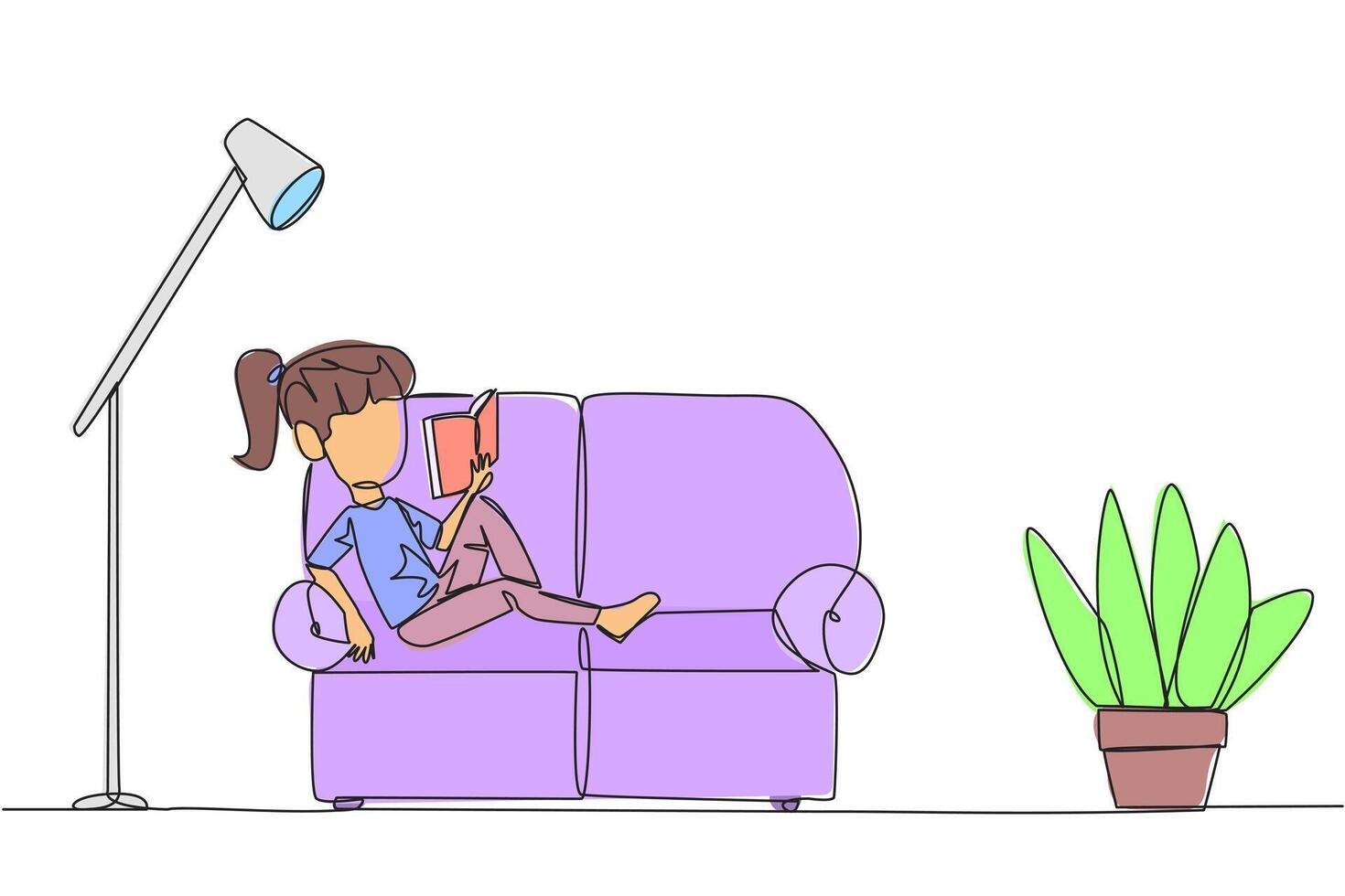 Continuous one line drawing girl sitting stretched out on the sofa reading a book. Really like the content of the book reading on each page. Impressive. Single line draw design illustration vector