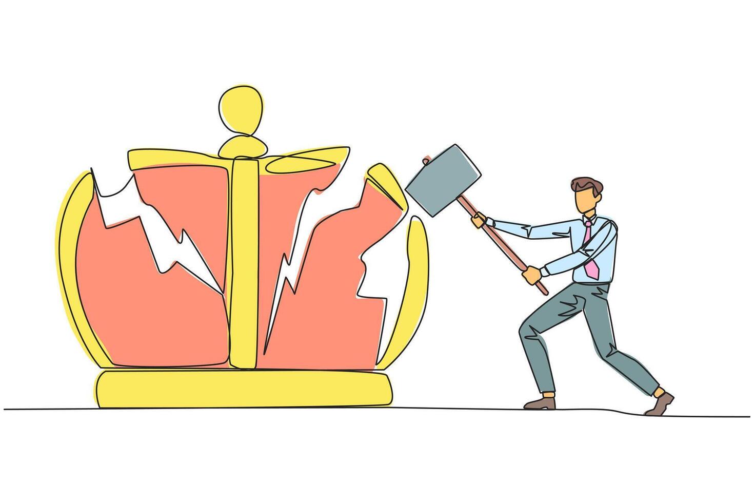 Single continuous line drawing businessman preparing to hit big crown. Rampage. Destroying the symbols of authoritarian kingdom. Expect justice for business people. One line design illustration vector