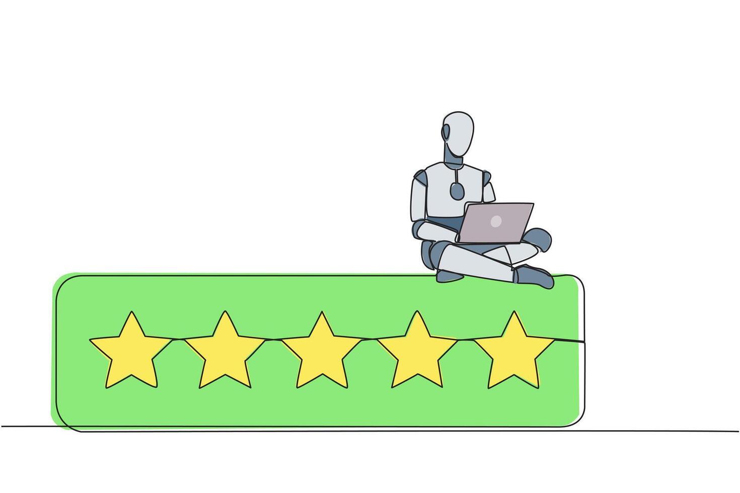 Single one line drawing robot sitting on rating board typing laptop computer. Give 5 stars and a very satisfying review. Online shopping. Artificial intelligence. Continuous line graphic illustration vector