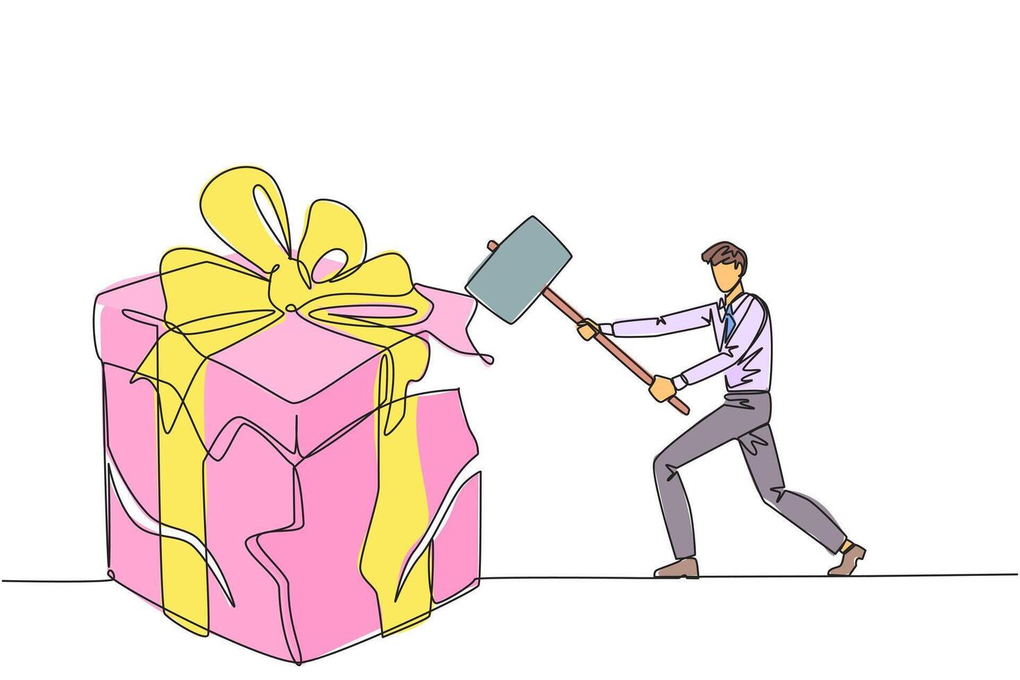 Single one line drawing businessman preparing to hit a big gift box. Businessman expresses disappointment and anger. Destroying everything in sight. Angry. Continuous line design graphic illustration vector