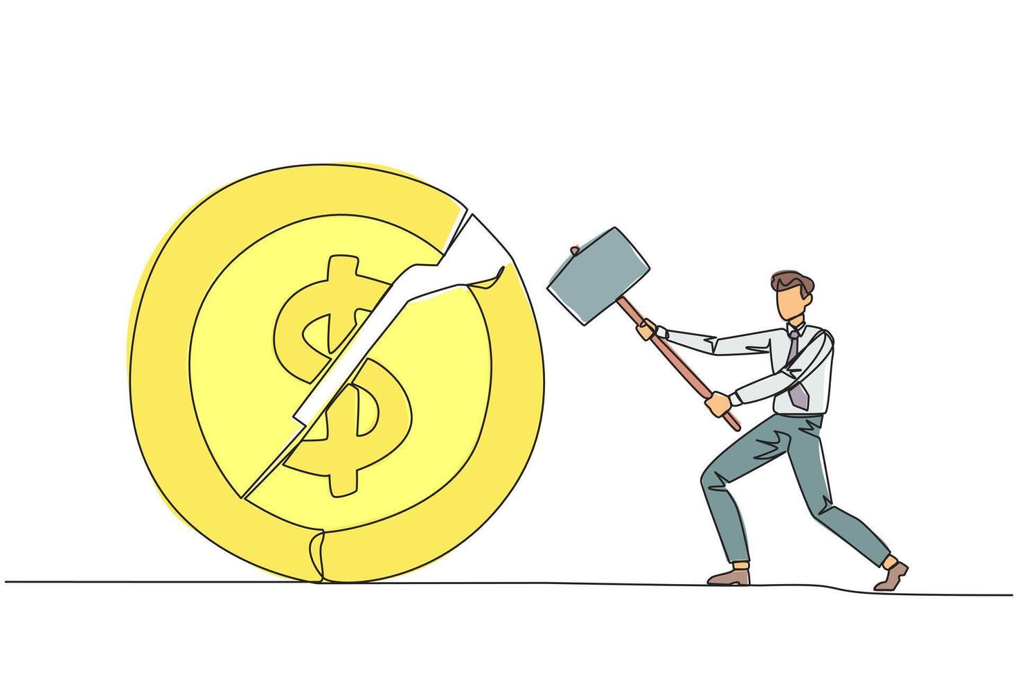 Single continuous line drawing businessman preparing to hit a large coin with a dollar symbol. Failed to get new investors. Failed to get income. Expressing anger. One line design illustration vector