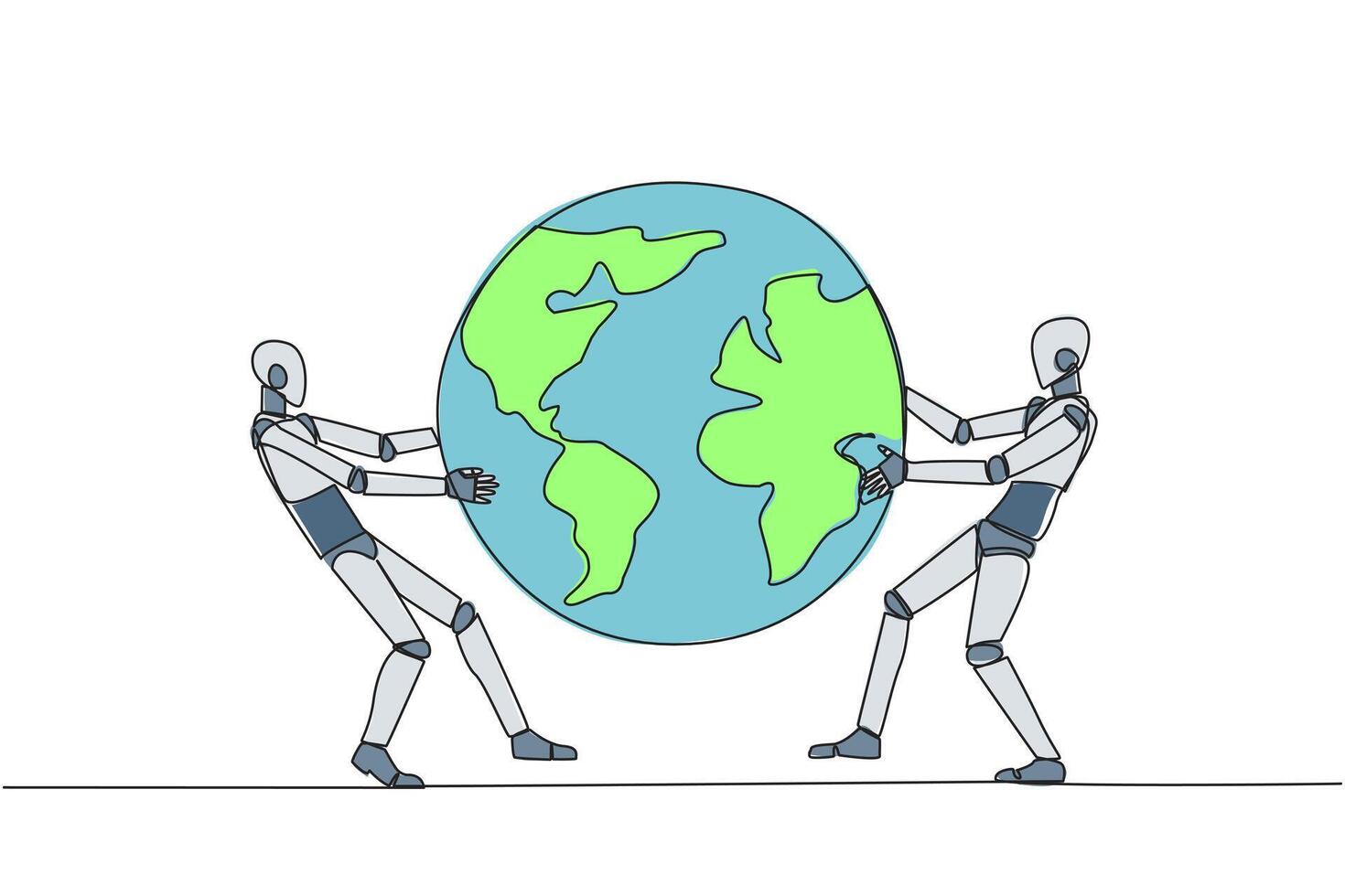 Single one line drawing two strong robot fighting over the globe. Fighting over the area that will be the target of sales expansion. Aggressive. Humanoid. Continuous line design graphic illustration vector