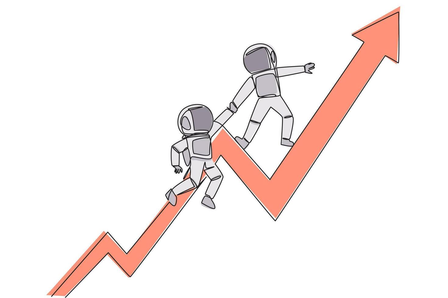 Single one line drawing young astronaut helps colleague to climbs big rising arrow symbol. Help each other to achieve satisfactory targets. Grow together. Continuous line design graphic illustration vector