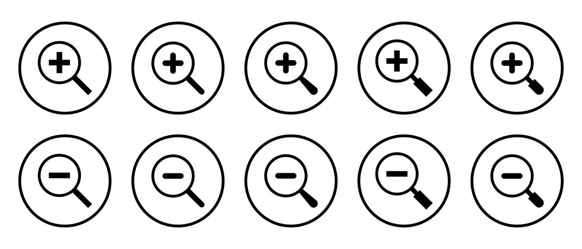 Set of zoom icon on circle line. Magnifying glass concept vector