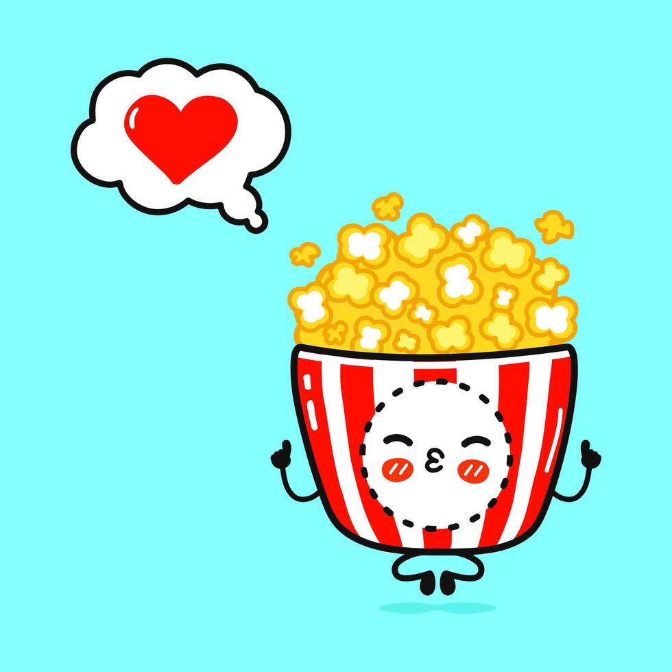 Popcorn doing yoga with speech bubble. hand drawn cartoon kawaii character illustration icon. Isolated on blue background. Popcorn in love character concept vector