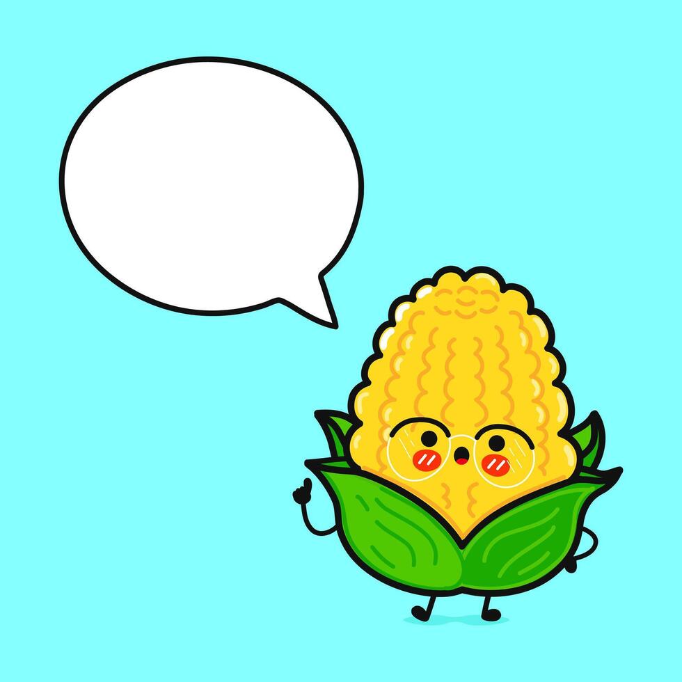 Corn with speech bubble. hand drawn cartoon kawaii character illustration icon. Isolated on blue background. Corn character concept vector