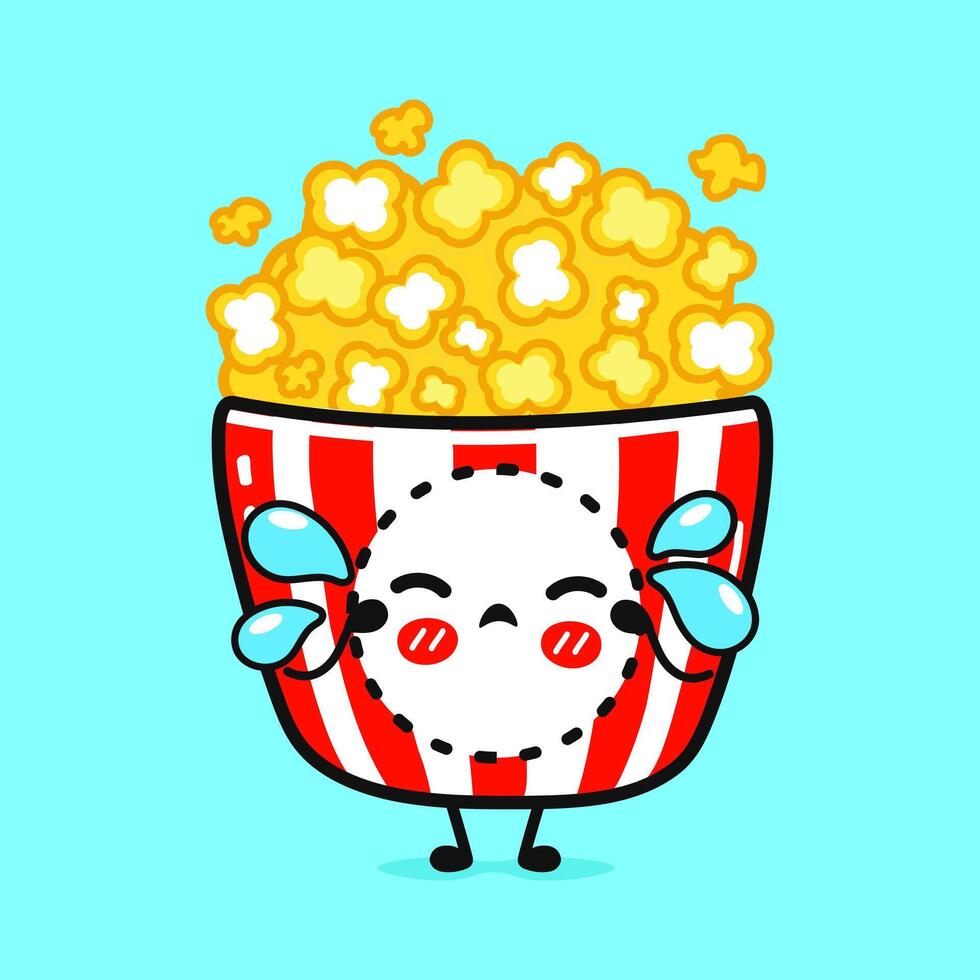 Crying Popcorn character. hand drawn cartoon kawaii character illustration icon. Isolated on blue background. Sad Popcorn character concept vector