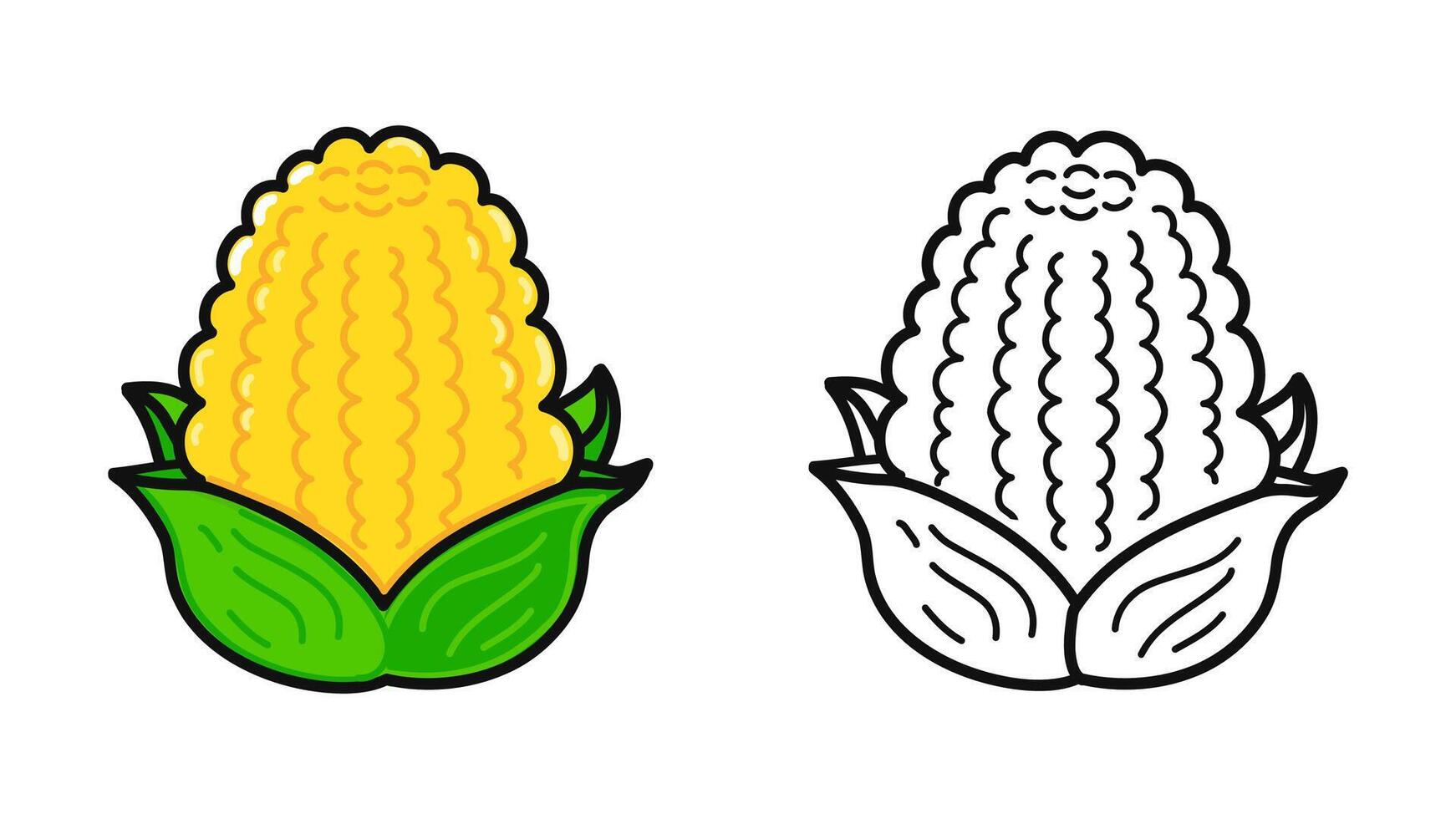 Funny cute happy Corn characters bundle set. hand drawn cartoon kawaii character illustration icon. Cute Corn. Outline cartoon illustration for coloring book vector