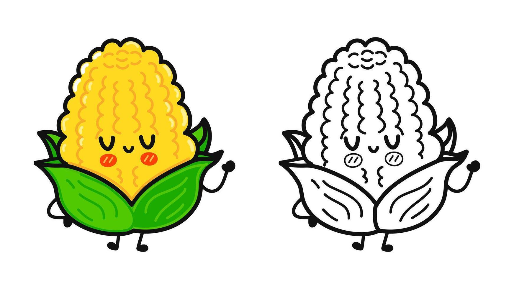Funny cute happy Corn characters bundle set. hand drawn cartoon kawaii character illustration icon. Cute Corn. Outline cartoon illustration for coloring book vector