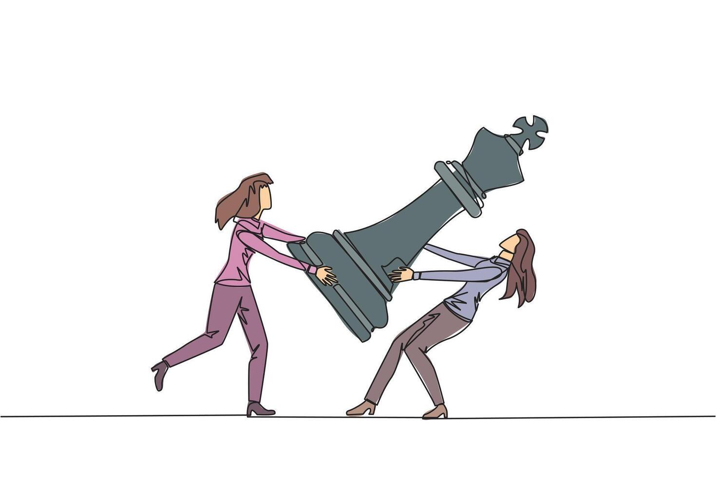 Single one line drawing two angry businesswoman fight over the big king chess pieces. The metaphor of scrambling to save a business by helping investors. Continuous line design graphic illustration vector