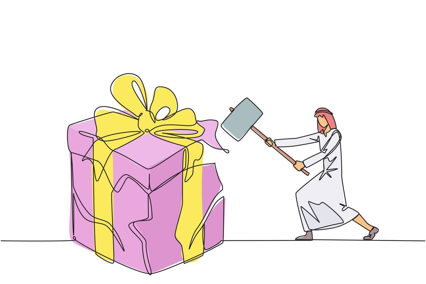Continuous one line drawing Arabian businessman preparing to hit big gift box. Businessman expresses disappointment. Destroying everything in sight. Angry. Single line draw design illustration vector