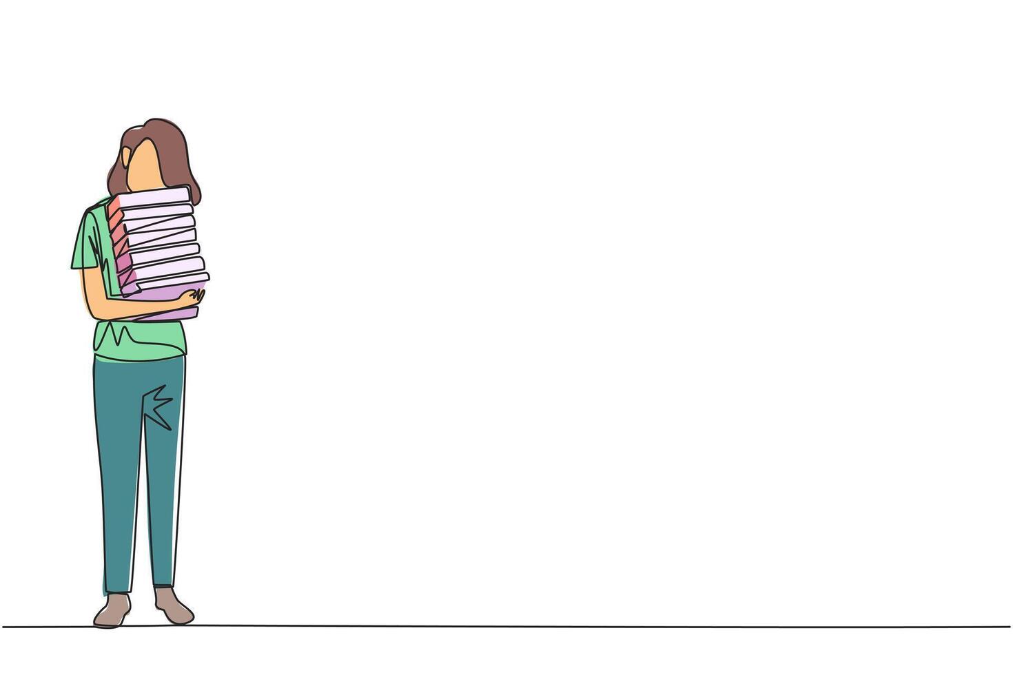 Single continuous line drawing woman standing hugging some books. Favorite book that finish reading. Some books will be donated to national library. Charity. Knowledge. One line illustration vector