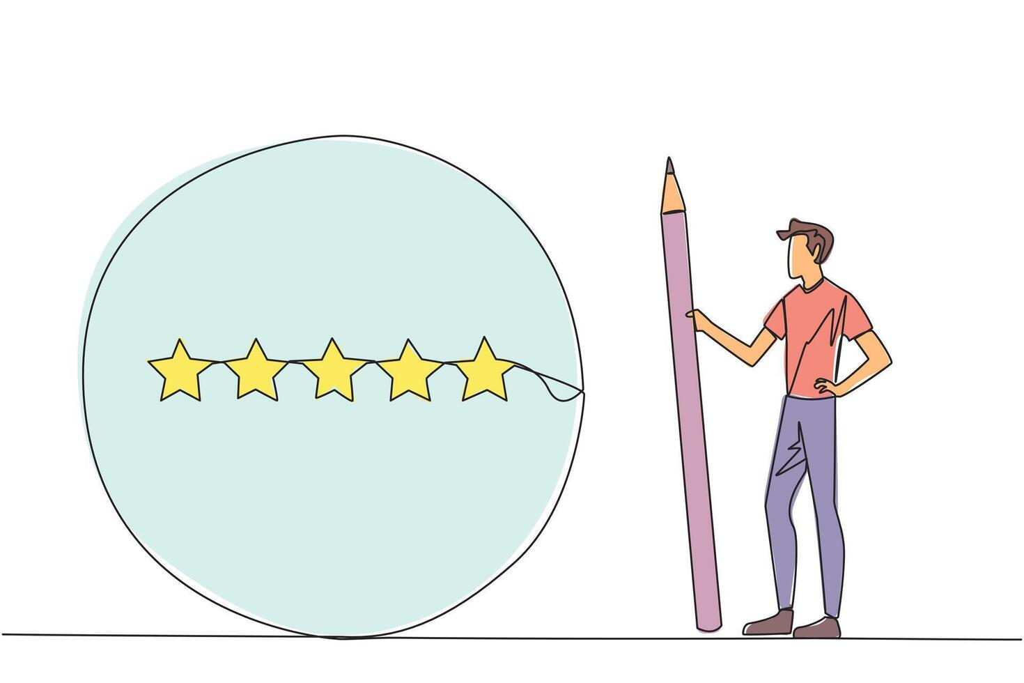 Single continuous line drawing happy man stands holding a large pencil and next to is a large circle encircling all 5 stars. Five star rating positive feedback. One line design illustration vector