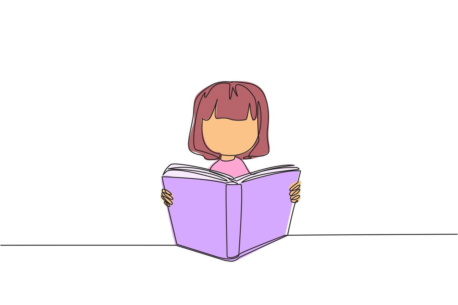 soltero continuo línea dibujo niña sentado leyendo un libro en un pararse. entusiasmo ese Nunca va lejos. muy contento cuando leyendo historia libros. libro festival concepto. uno línea diseño ilustración vector