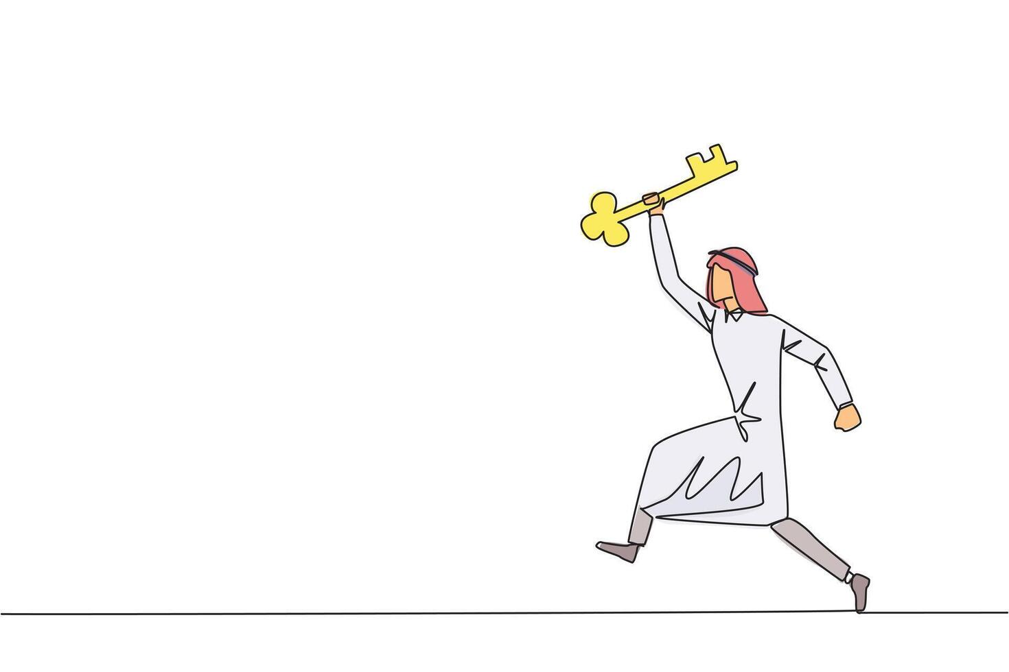 Single continuous line drawing Arabian businessman running holding key. Doing celebrate. Perform movements like a relay athlete. The secret key to business revival. One line design illustration vector