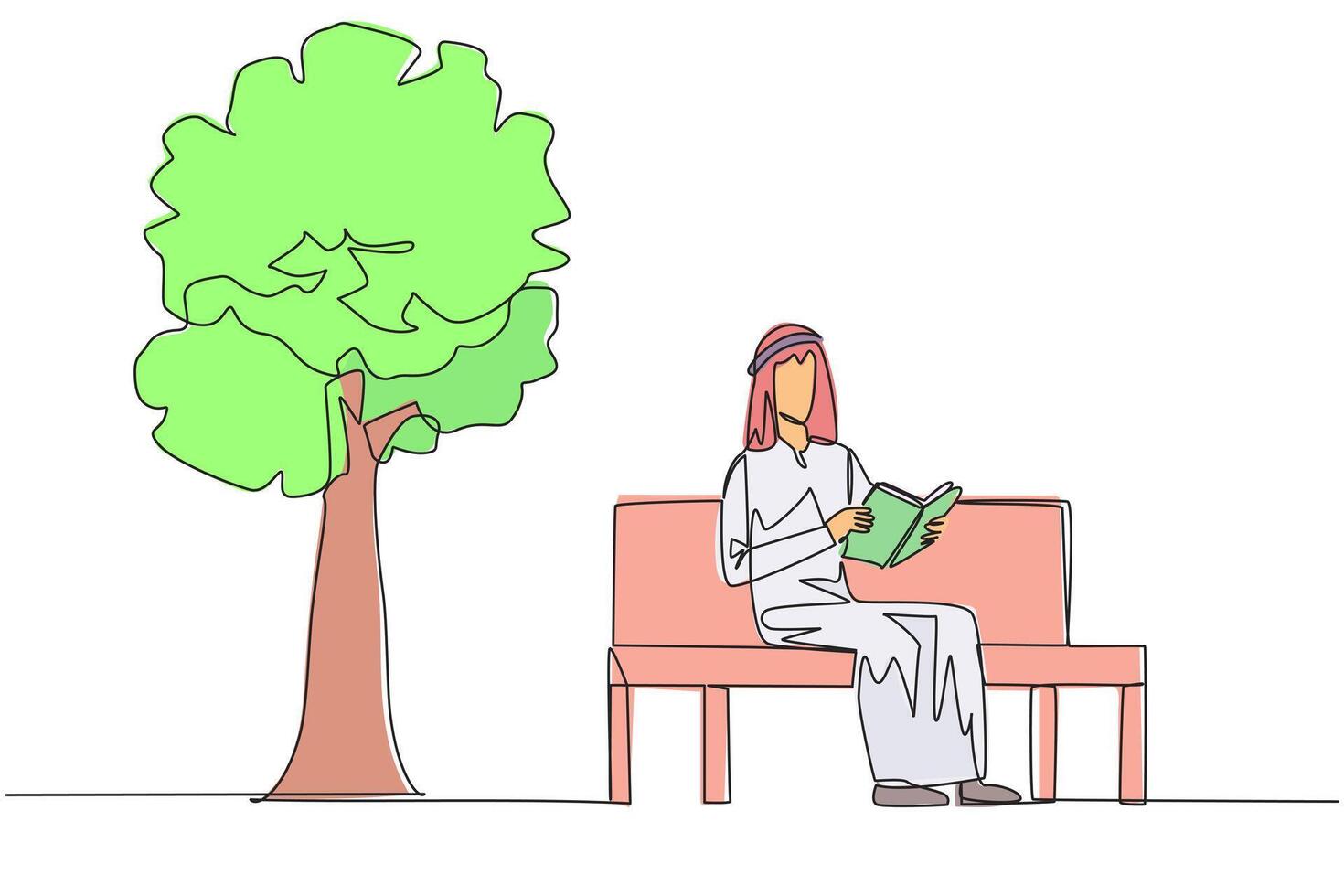 Single one line drawing Arabian man sitting on park bench reading book. Learn by re-reading textbook. Read to get maximum marks. Reading increase insight. Continuous line design graphic illustration vector