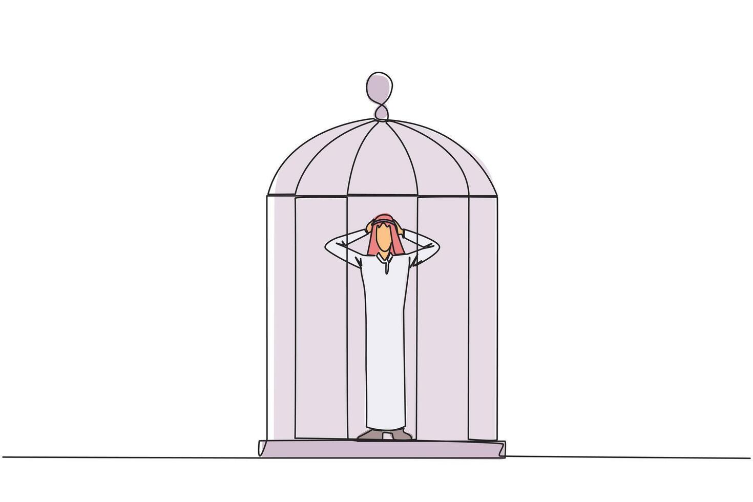 Continuous one line drawing Arab businessman trapped in cage standing frustrated holding head. Anxiety caused cannot move freely. Imprisoned. Can't work. Single line draw design illustration vector