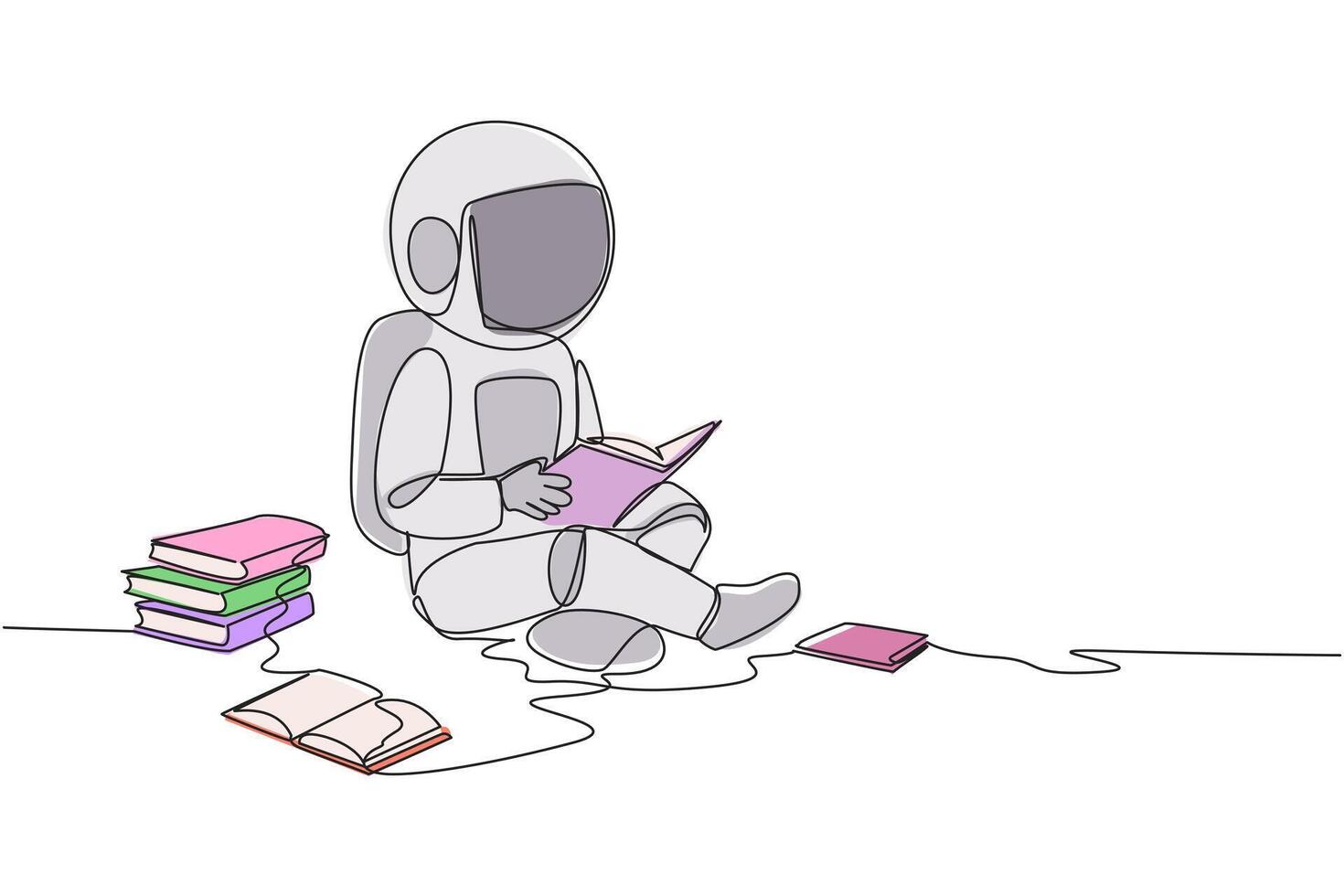 soltero continuo línea dibujo astronauta sentado relajarse en biblioteca leyendo lote de libros. mirando para respuestas a asignaciones pasatiempo lectura. libro festival concepto. uno línea diseño ilustración vector