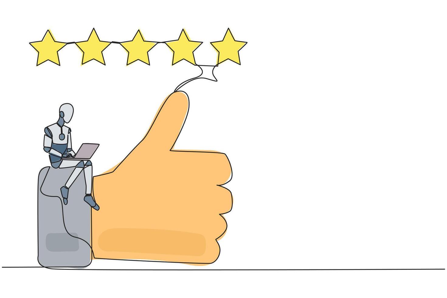 Continuous one line drawing robotic artificial intelligence sitting on thumbs up typing on laptop. Happy satisfied robot giving 5 gold stars. Online shop review. Single line draw illustration vector