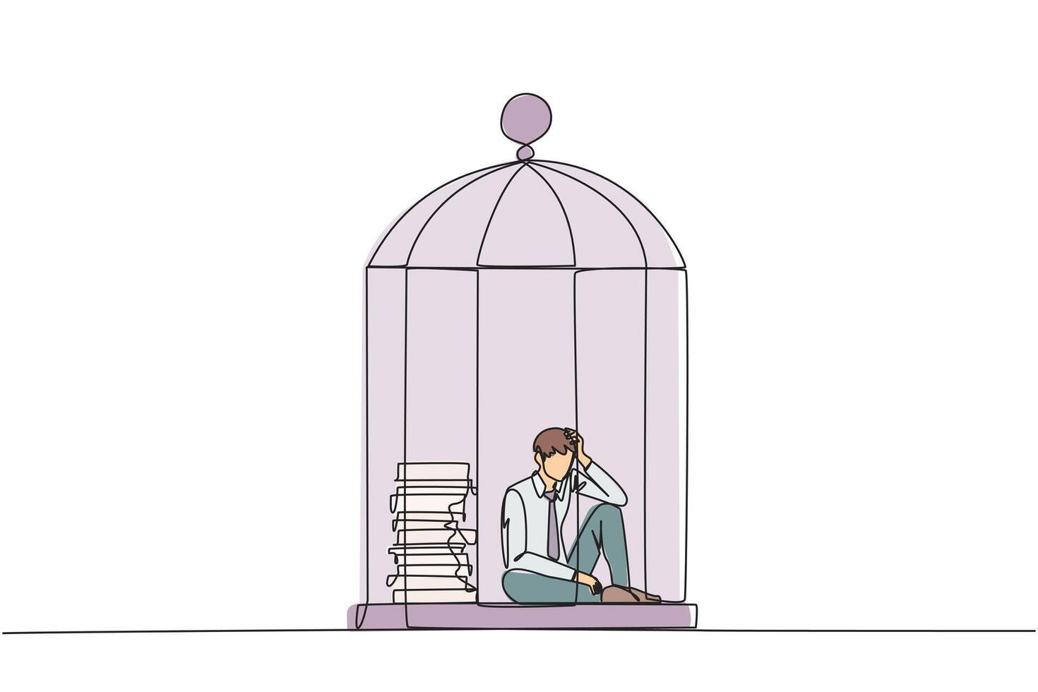 Single continuous line drawing businessman trapped in cage sitting down frustrated. Stress with piling up unfinished work until close to the deadline. Exhausted. One line design illustration vector