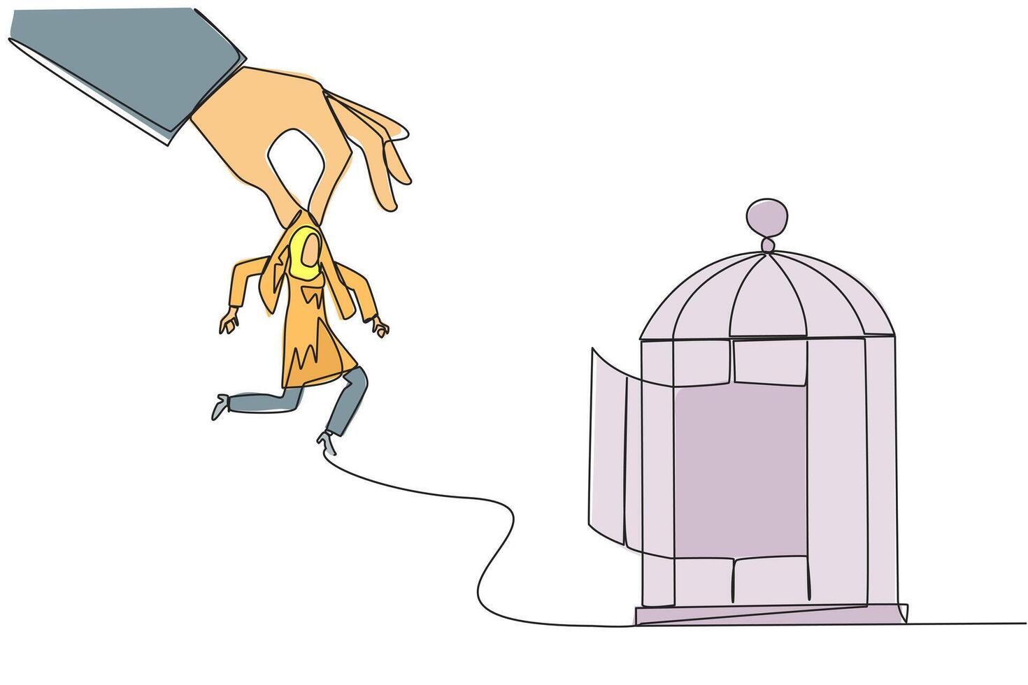 Single continuous line drawing big hand holding Arab businesswoman and want put in a cage. Trapping roughly. Beating business opponent by cheating. Unfair business. One line design illustration vector