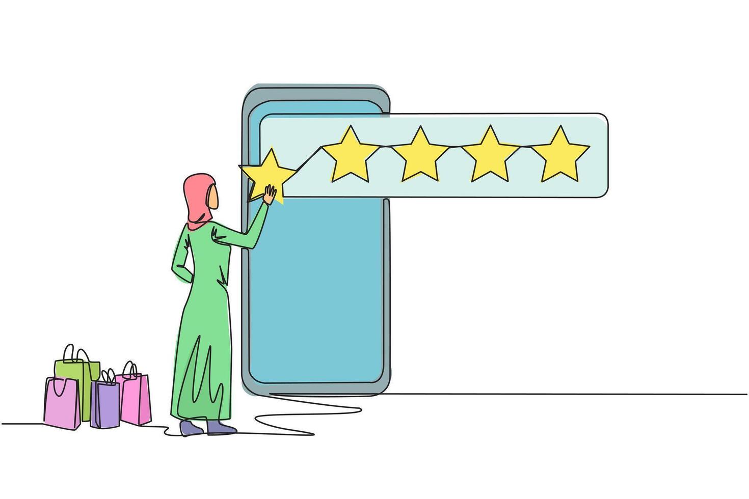 Continuous one line drawing Arabian woman standing facing big smartphone trying to stick one star, that it becomes 5 stars. Reviews given to online stores. Single line draw design illustration vector