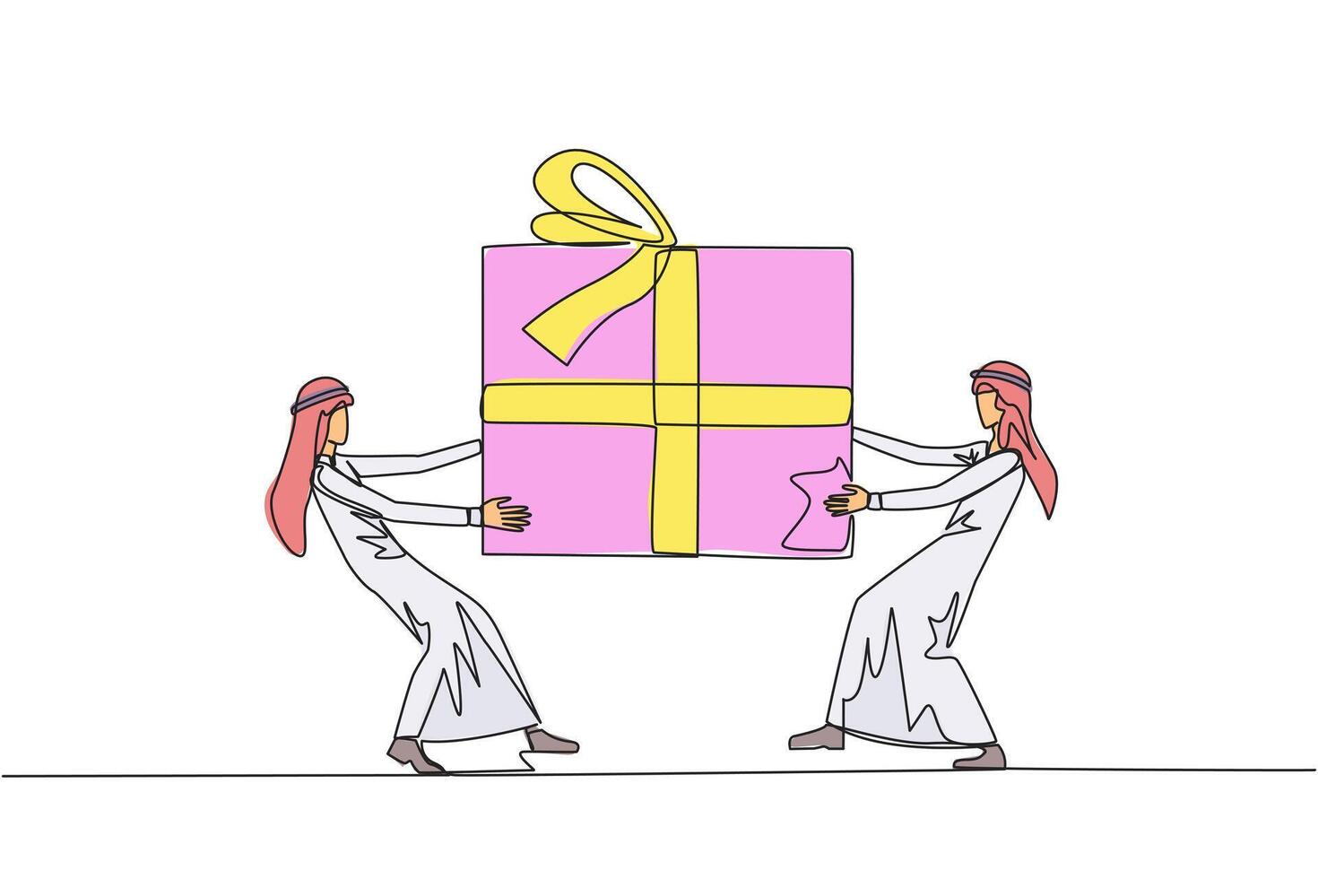 Continuous one line drawing two professional Arabian businessman fighting over gift box. Entrepreneurs against environmental pollution fight for main prize. Single line draw design illustration vector