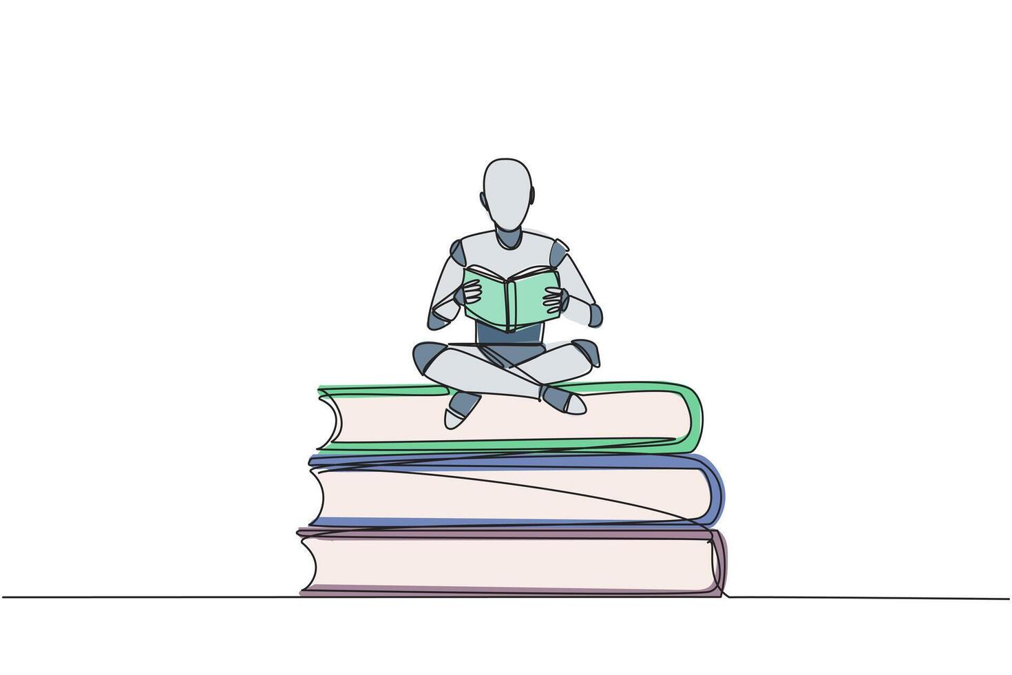 Continuous one line drawing robot sitting cross-legged on pile of large books. Read comic. Read textbook. Read scientific journal. Read increase insight. Single line draw design illustration vector