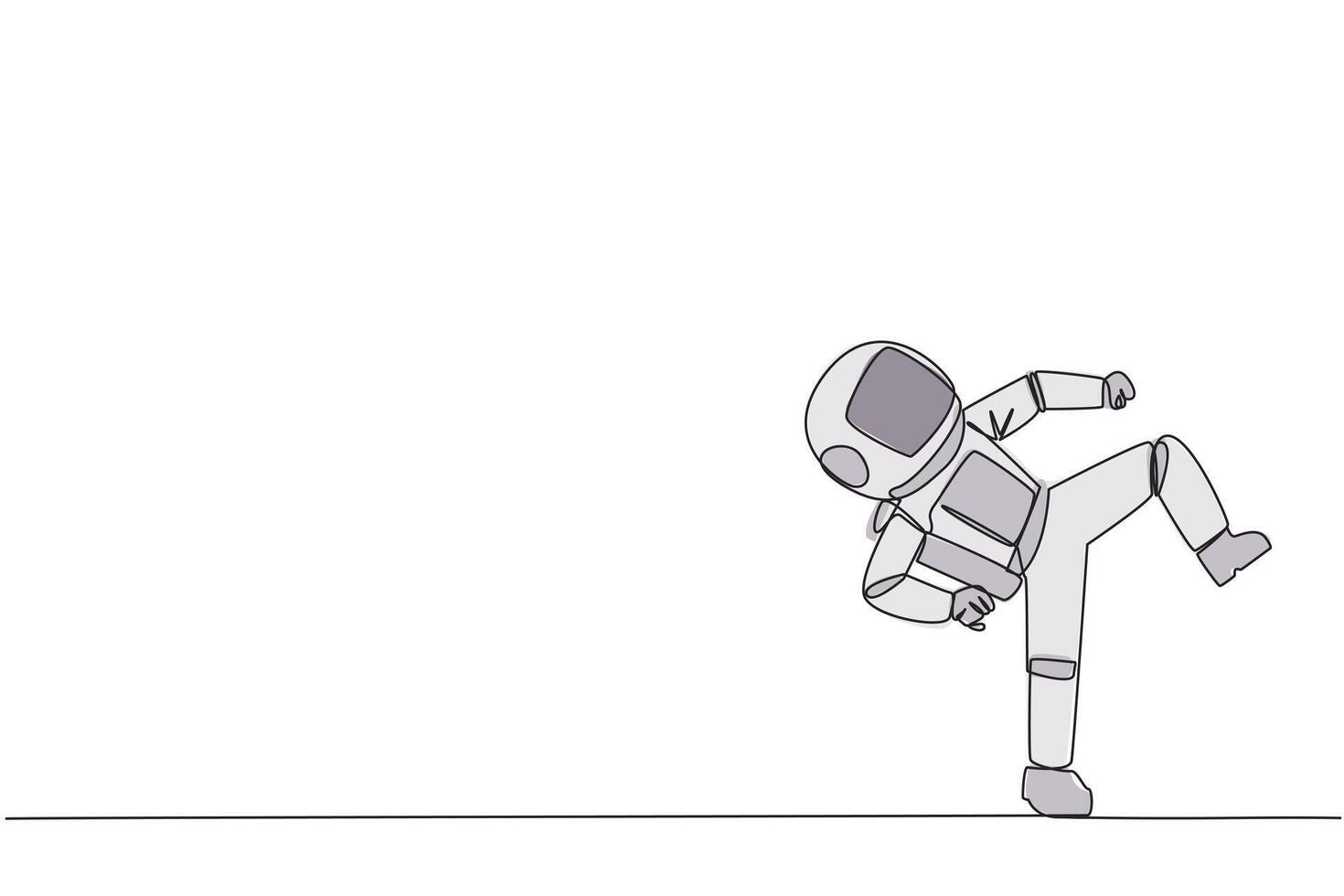 Continuous one line drawing young astronaut doing taekwondo movements. Kicking motion. Strong legs. Keeping business with sport. Keep healthy stay strong. Single line draw design illustration vector