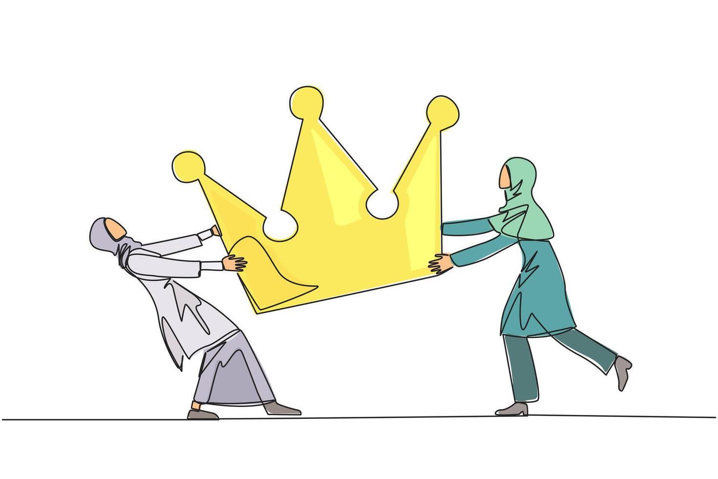 Continuous one line drawing two angry Arabian businesswoman fighting over the crown. Fighting for become the most successful and respected businessman. Conflict. Single line draw illustration vector