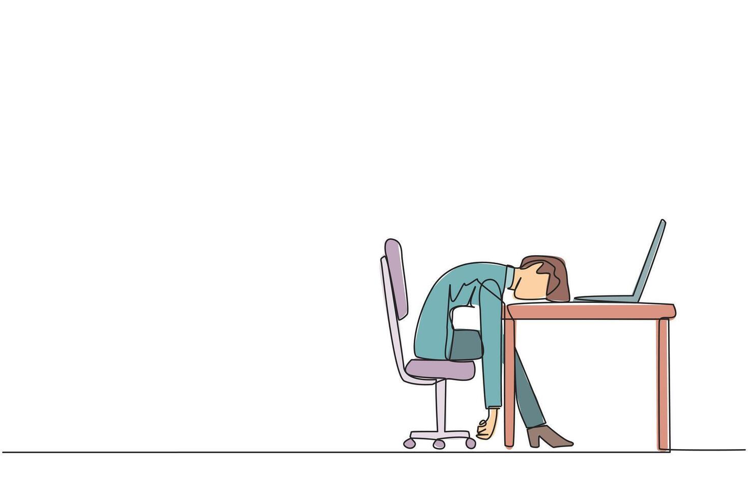 Continuous one line drawing businesswoman fell asleep in front of a laptop computer. Fatigue running a business. Mental health problem. Exhausted, bored. Single line draw design illustration vector