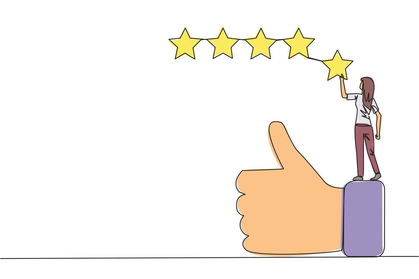 Single continuous line drawing young happy smiling woman standing on the thumbs up wants to attach the stars to form 5 stars in a row. Give review or good feedback. One line design illustration vector