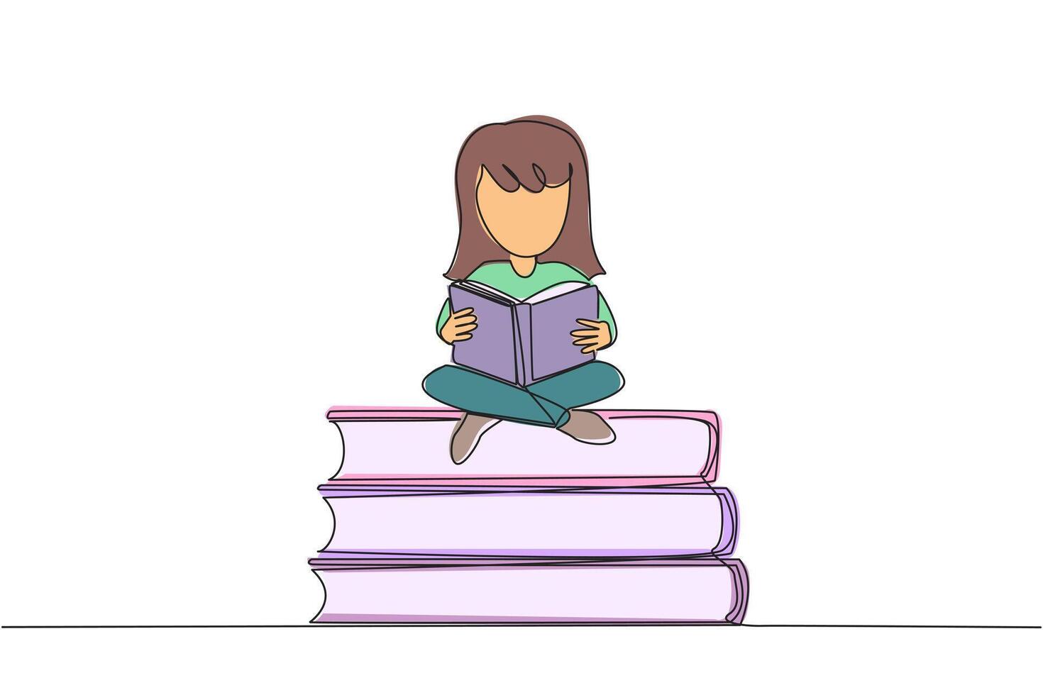 Single one line drawing girl sit cross-legged on pile of large books. Reading comic. Reading textbook. Read scientific journals. Reading increase insight. Continuous line design graphic illustration vector