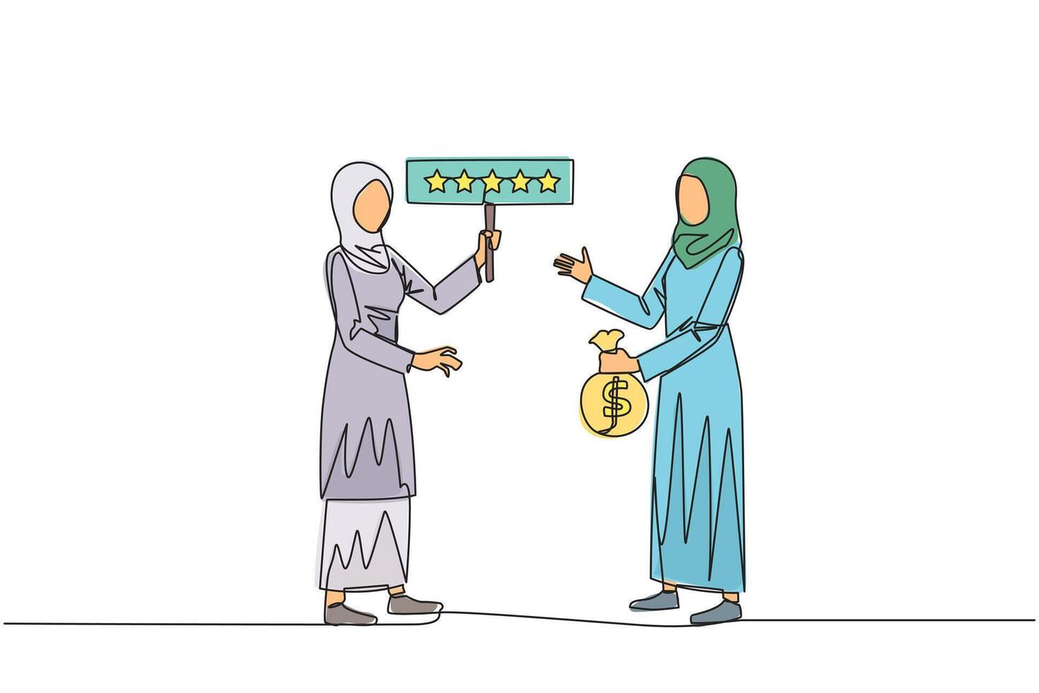 Continuous one line drawing two Arabian women standing opposite each other. One woman carry money bag, the other carry rating board with 5 star. Buy and selling reviews. Single line draw design vector