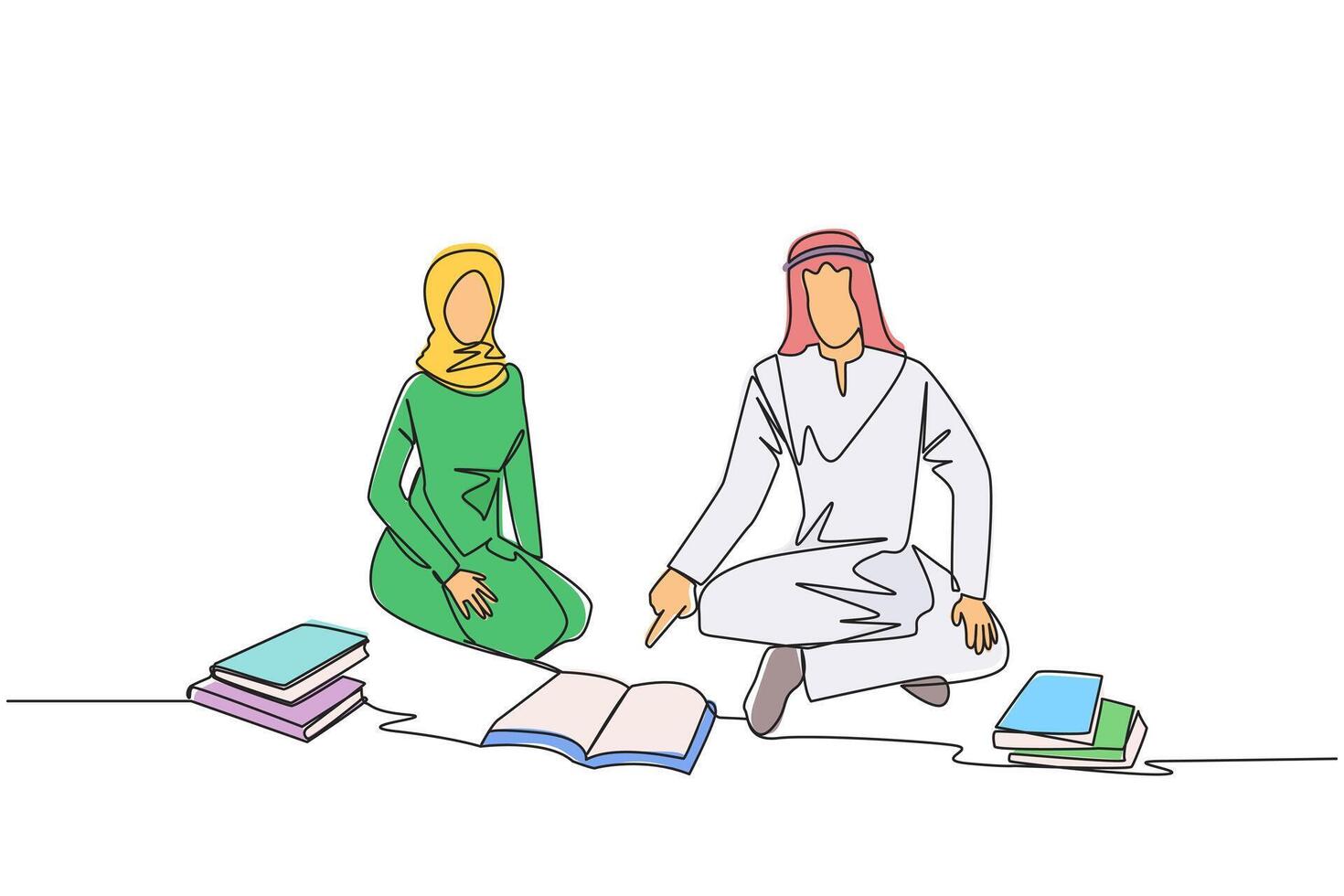 Single one line drawing Arabian man woman reading book happily. Good reading interest. Really enjoy reading story books. Reading everywhere. Book festival concept. Continuous line graphic illustration vector