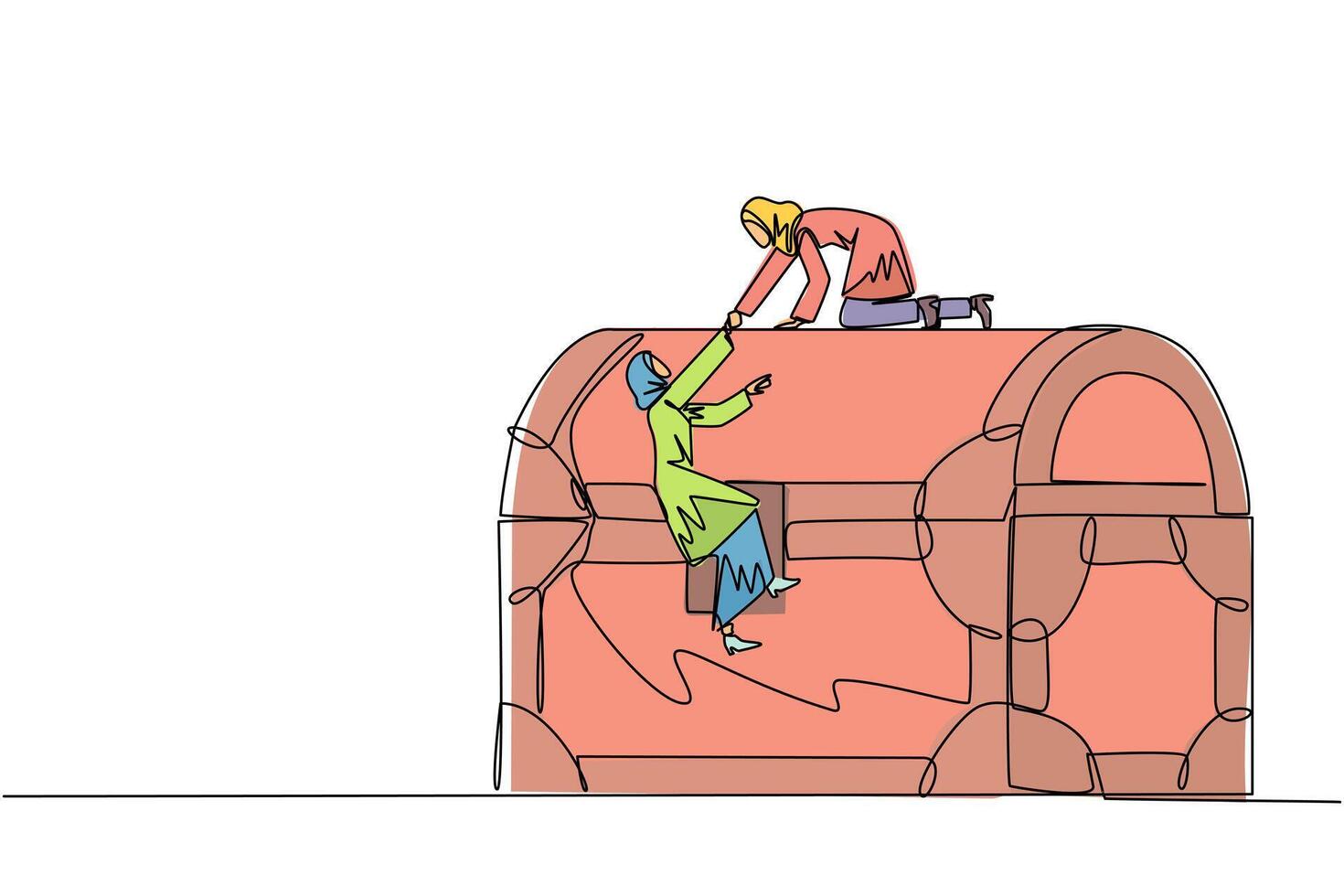 Continuous one line drawing Arabian businesswoman helps colleague climb treasure chest. Get extraordinary profits. Share equally. Stronger together. Reward. Single line draw design illustration vector