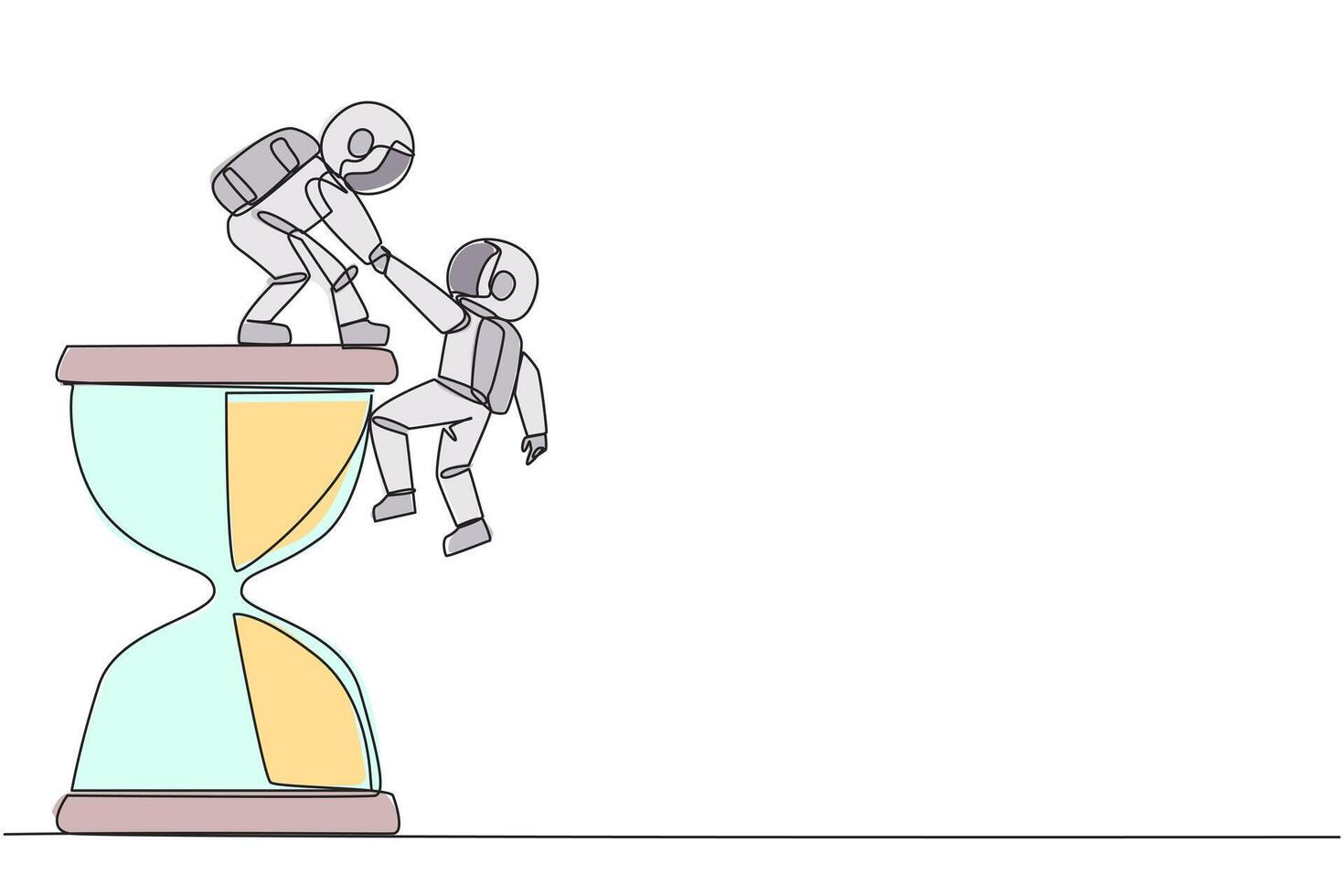 Continuous one line drawing young astronaut helps colleague climb big hourglass. Have many assignment deadlines. Sharing with colleague will become easier. Single line draw design illustration vector