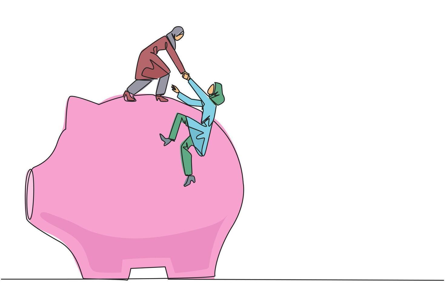 Single continuous line drawing Arab businesswoman helps colleague climb piggy bank. Remind each other in kindness. Investment for the future. Super great teamwork. One line design illustration vector