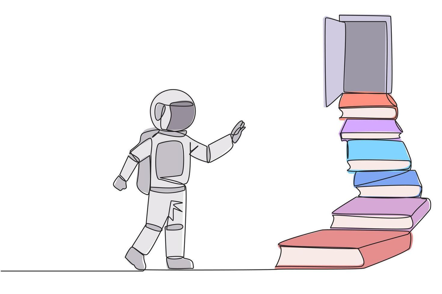 Single continuous line drawing astronaut climb stairs from the book stack. Towards the wide open door. Metaphor of finding the answers from books. Book festival. One line design illustration vector