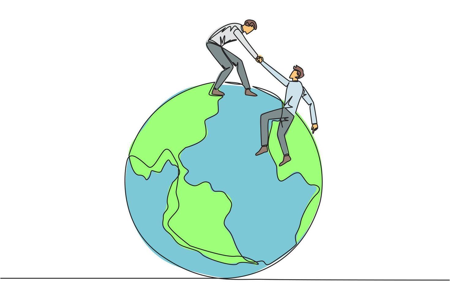 Single one line drawing businessman helps colleague climb the big globe. The metaphor of reaching top of the world through increasing business. Teamwork. Continuous line design graphic illustration vector