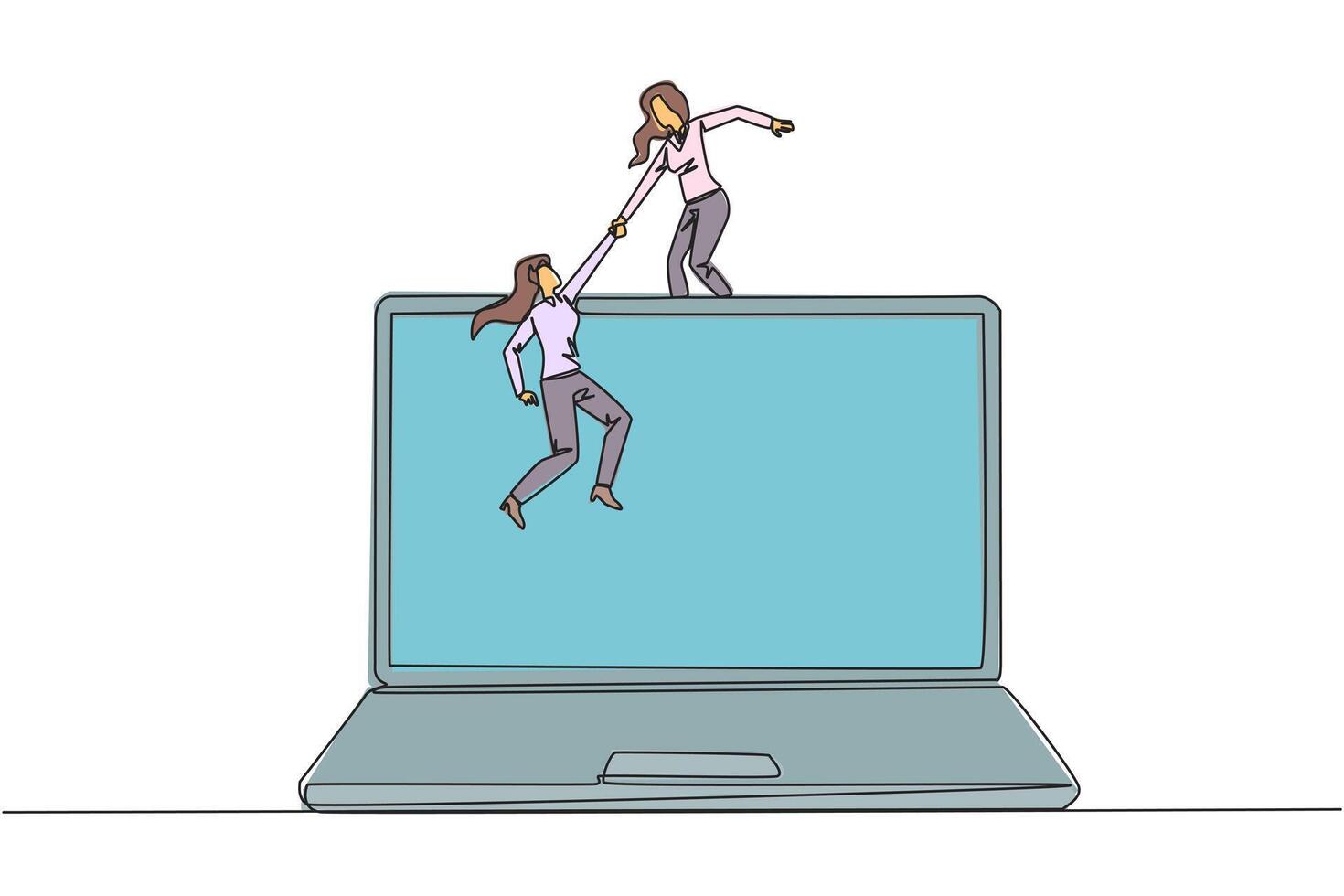Continuous one line drawing businesswoman helping colleague to climb a laptop computer. Help create applications to develop business online. Great teamwork. Single line draw design illustration vector