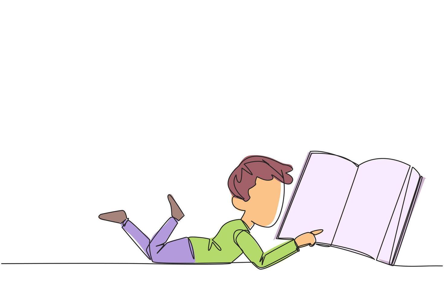 soltero uno línea dibujo chico acostado en su estómago leyendo un grande libro. disfrutar leyendo libros en un variedad de estilos. leyendo aumenta conocimiento. amor lectura. continuo línea diseño gráfico ilustración vector