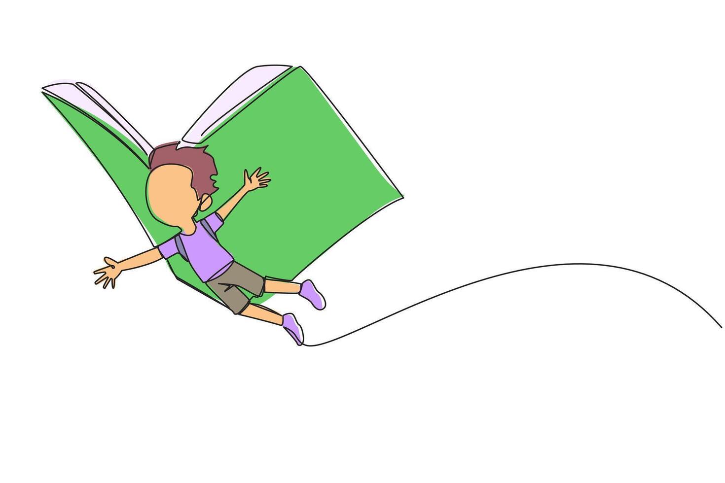 Continuous one line drawing boy flying with wings that come from an open big book. The metaphor carries over with the storyline. Constructive fantasy. Single line draw design illustration vector